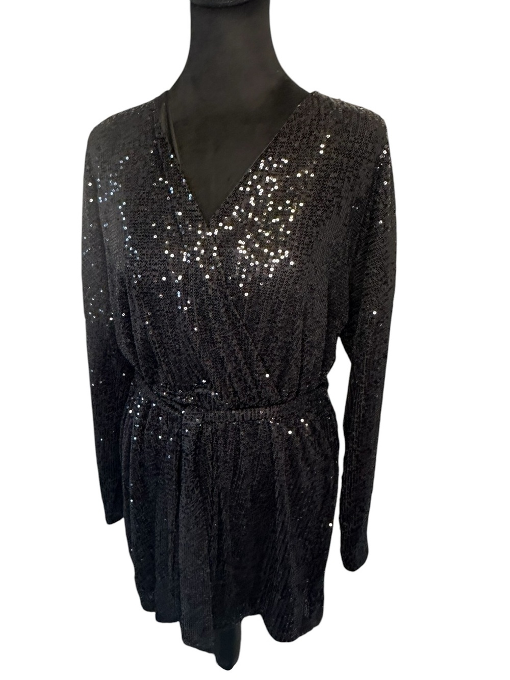 Pink Lily Black Sequin Wrap Romper | Size L | Tie Waist